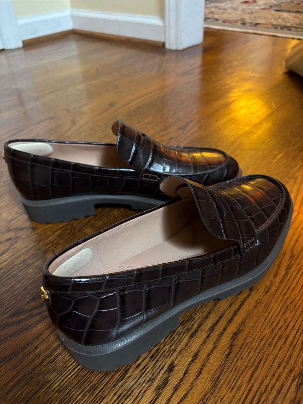 Cole Haan Dark Brown Croc-Embossed Platform Penny Loafers Leather